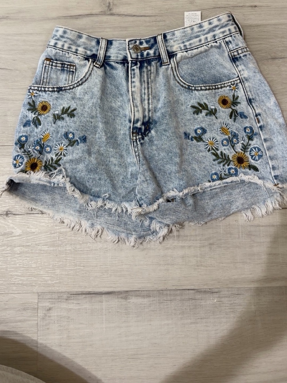 SHEIN Light Wash Denim Shorts with Floral Embroidery